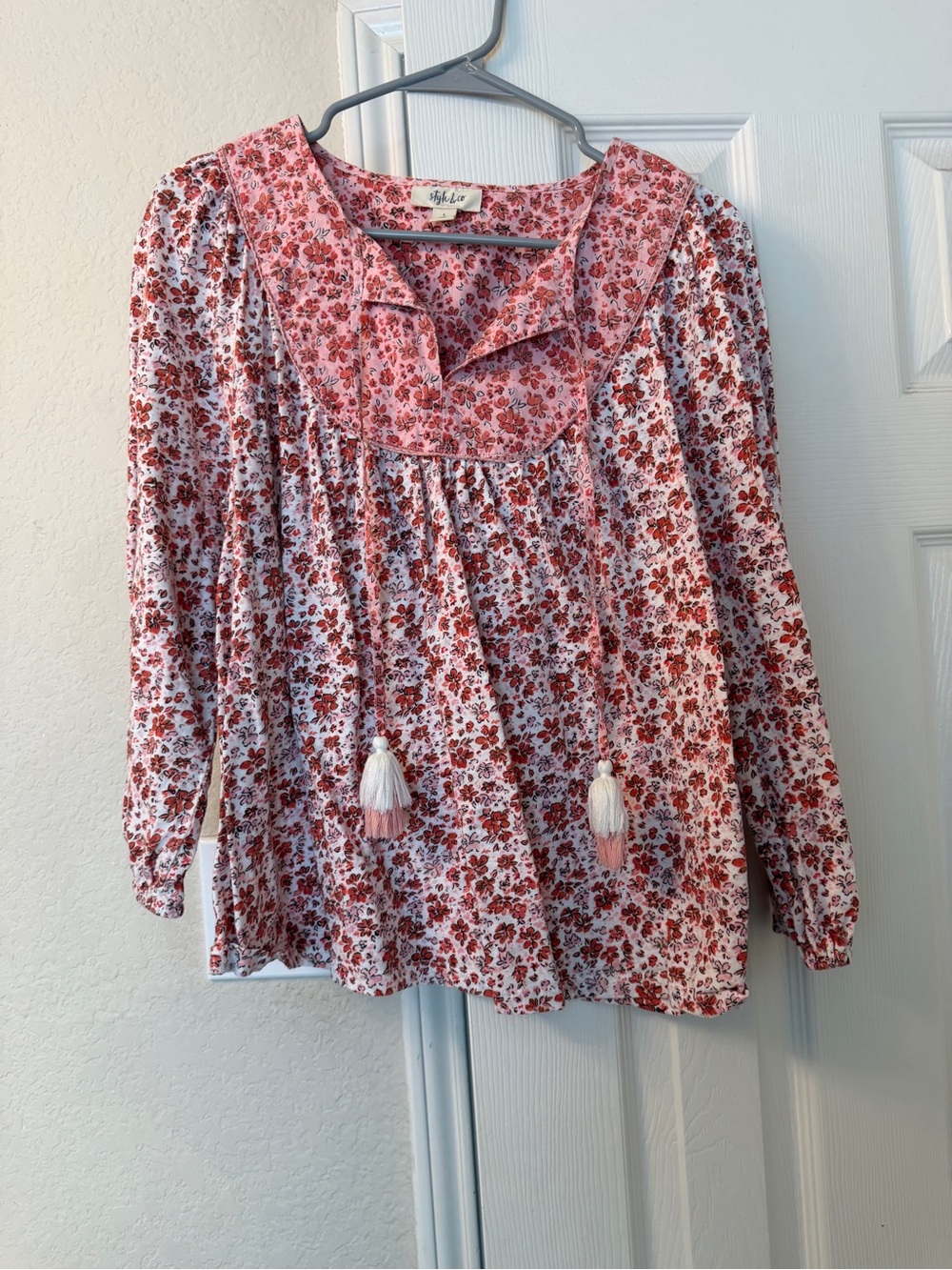 Women’s Pink Floral Peasant Top with Tassel Ties